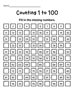 the missing numbers worksheet for counting 1 to 100 in this printable activity