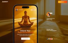 a cell phone with an image of a woman doing yoga on the screen and another landing page that reads unlock your peak performance