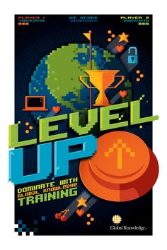 the poster for level up with an image of a trophy and other items on it