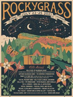 the poster for rockygrass's 50th anniversary concert, featuring an image of mountains and