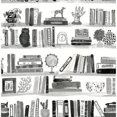 black and white bookshelves with various items on them