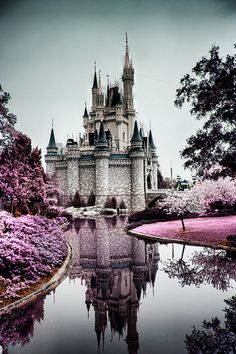 the castle is surrounded by pink flowers and trees in front of it's reflection