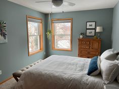 a bedroom with blue walls and white bedding, two windows and a dresser in the corner