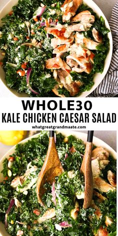 two pictures showing the process of making kale chicken caesar salad