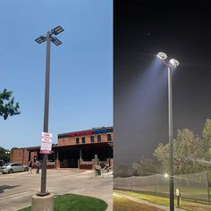 there are two different street lights on the same pole, and one is in front of an empty parking lot