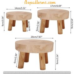 three wooden stools are shown with measurements for each seat and the top one is made out of wood