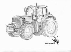 a black and white drawing of a tractor