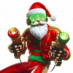 a santa clause is holding two lights in his hands and wearing green goggles with red pants