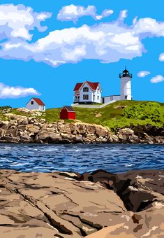 a painting of a lighthouse on top of a rocky shore