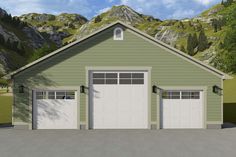 two garages in front of a mountain range