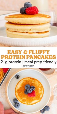 These fluffy high protein pancakes with protein powder are packed with 21 grams of protein per serving! Made with 10 simple ingredients, these protein pancakes come together quickly and easily. These pancakes are perfect for starting your day off with extra protein! ​ ​Perfect for making ahead of time as they reheat wonderfully and are freezer friendly, these meal prep friendly high protein pancakes are the ultimate easy breakfast!