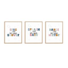 three framed posters with the words sing in the rain, dance in the snow and shine in