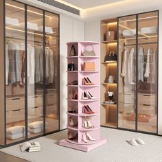 a pink shoe rack in the middle of a walk - in closet