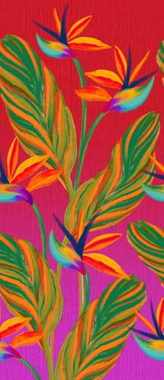 a painting of colorful leaves on a pink background