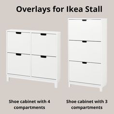 two white dressers side by side with the words overlays for ikea stall