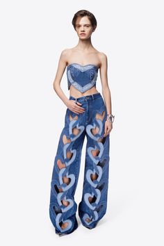 Heart Cutout Wide Leg Jean Skirt And Top Dress, Heart Cut Out, Jeans High Waist, Leather Denim, Pleats Please Issey Miyake, Denim Patchwork, Denim Pant, Skirt Top, Denim Wash