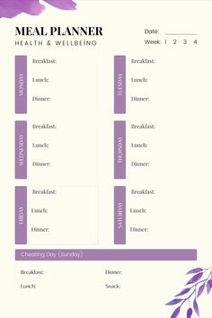 a meal planner with purple flowers on it