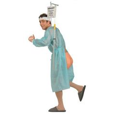 a man in a blue robe is running with a hospital sign on his head and foot