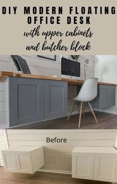 the before and after pictures of an office desk with open cabinets, and butcher block