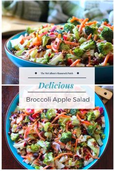 broccoli apple salad in a blue bowl