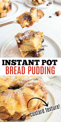 an instant pot bread pudding is being served on a white plate