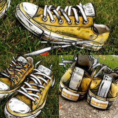 three pictures of yellow tennis shoes on the ground