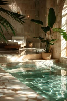 an indoor swimming pool with plants in the middle and sun shining through windows on either side