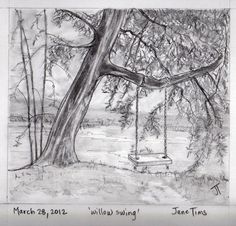 a pencil drawing of a tree with a swing in the foreground and a river behind it