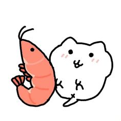 a drawing of a cat and a shrimp next to each other on a white background