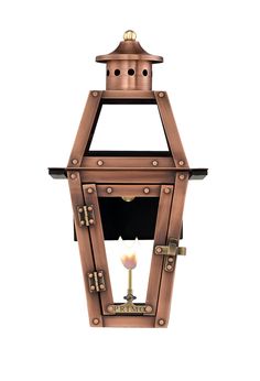 an old fashioned lantern with a candle on the front and side panels, isolated against a white background