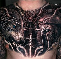 Viking Stomach Tattoos, Viking Chest Tattoo, Skull Chest Tattoo, Chest Neck Tattoo, Shen Long Tattoo, Chest Tattoo Drawings, Full Chest Tattoos, Spartan Tattoo