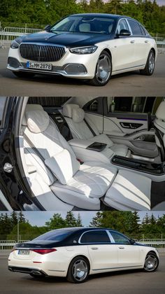 two pictures of the inside and outside of a white car with black trimmings