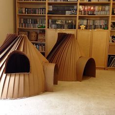 two cardboard houses sitting on the floor in front of a book shelf filled with books