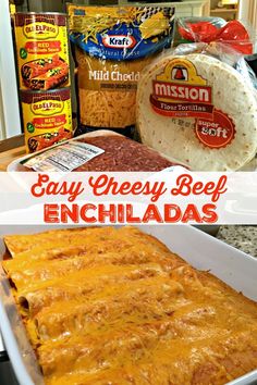 an easy cheesy beef enchiladas recipe in a white casserole dish