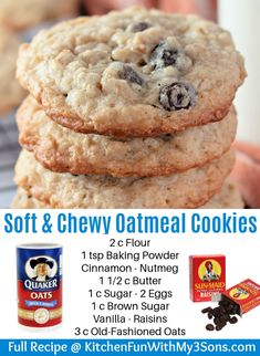 an advertisement for soft and chewy oatmeal cookies