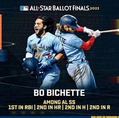 two baseball players in blue uniforms are holding their bats and smiling at each other with the words bo bichete above them