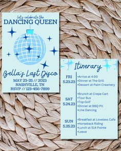 two business cards sitting on top of a woven basket with the words dancing queen written in blue