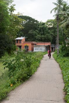 a woman walking down a dirt road next to a lush green forest filled with trees