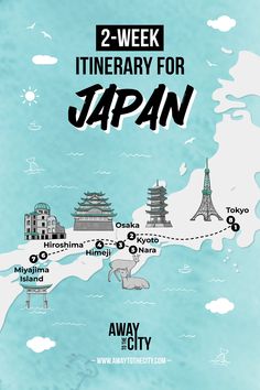 An illustrated travel map that shows the best cities to visit in Japan as a first-timer, including Tokyo, Kyoto, Himeji, Osaka, Tokyo, Nara, Hiroshima, and Miyajima Island, created by Away to the City Japan Travel Map, Travel Itinerary Design, Japan Travel Itinerary, Miyajima Island, Japan Visit, Japan Honeymoon, Illustration Map