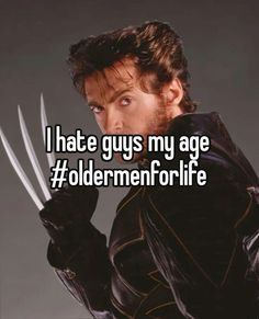 a man in black jacket holding two large scissors with the caption i hate guys my age