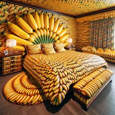 a large bed made out of bananas in a room with wooden flooring and walls