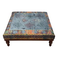 Handmade Rug Printed Fabric Upholstered Coffee Table | Chairish Padded Table, Upholstered Coffee Table, Upholstered Coffee Tables, Soft Floor, Handmade Ottomans, Table Bench, Soft Flooring, Toilet Paper Roll Crafts, Paper Roll Crafts