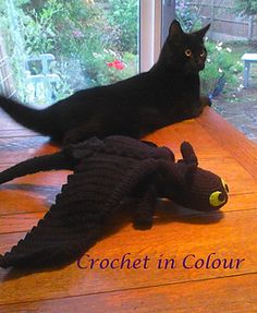 a black cat laying on top of a wooden table next to a stuffed animal alligator