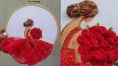 there is a woman in a red dress with flowers on her head and a hand embroidery pattern