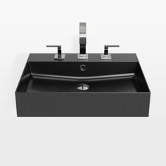 a black sink with two faucets on the top and one faucet at the bottom