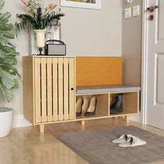 a wooden cabinet with shoes on it in front of a potted plant