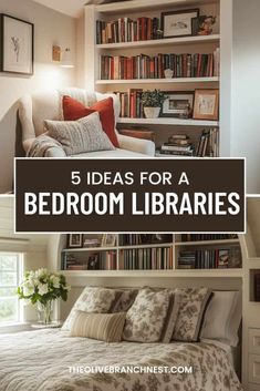 the bedroom is decorated in white and has bookshelves full of books