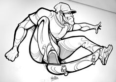 a black and white drawing of a skateboarder