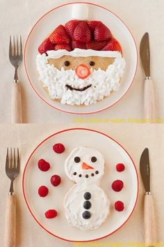 two plates with food on them, one decorated like santa clause and the other made to look like a snowman