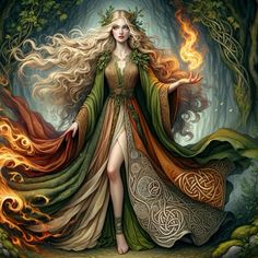 a woman with long blonde hair standing in the middle of a forest surrounded by fire